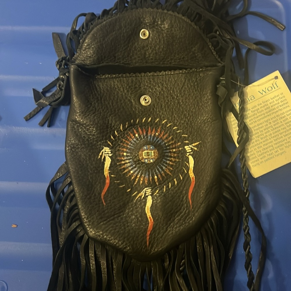 Patricia wolf hand painted leather fringe bag Native American Dreamcatcher NWT